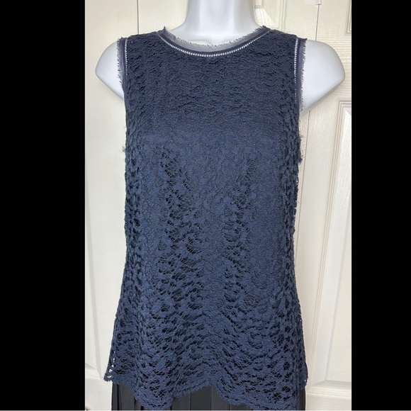 REBECCA TAYLOR $425 Navy Blue Lace Dress Black Pleated Skirt Silk Mix Contrast - Picture 4 of 15